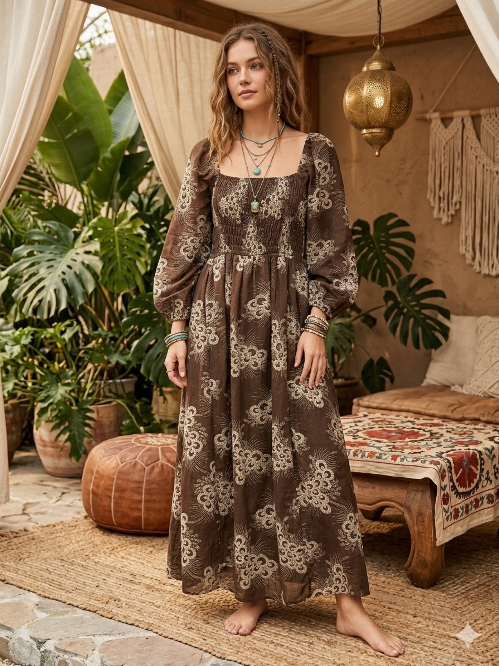 Mikarose Brown Floral Puff-Sleeve Maxi Dress